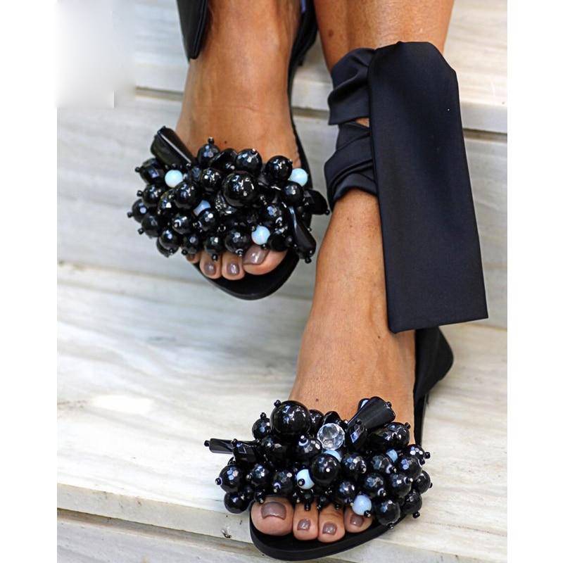 Dam Sandaler med Ankelremmar och Pärldekoration i PU-Läder-6