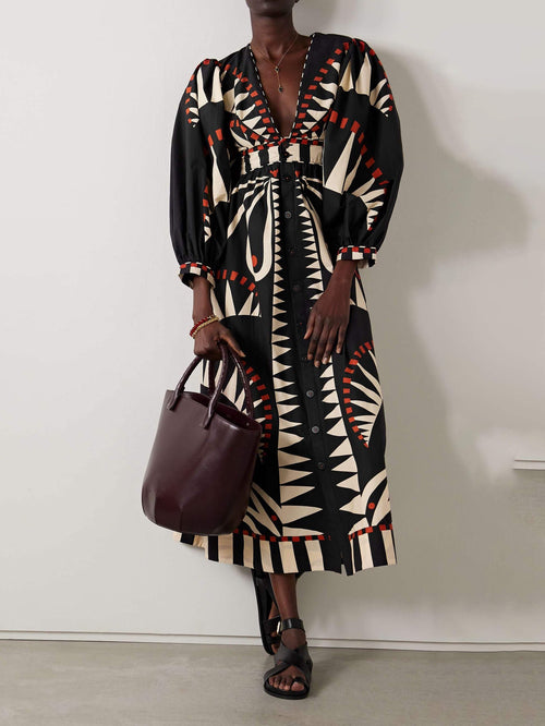 Dam Midiklänning Puffärmar Polyester Midi Klänning med Tryck 1