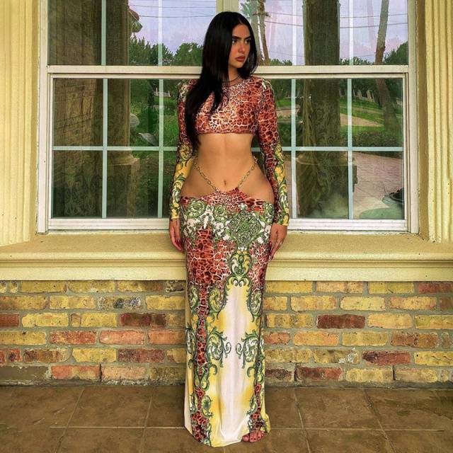 Kvinnors Midi Klänning Leopardmönster Syntetfiber-1