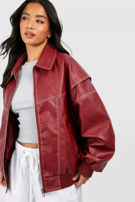Dam Oversized Skinnjacka PU-Läder Med Stående Krage-1