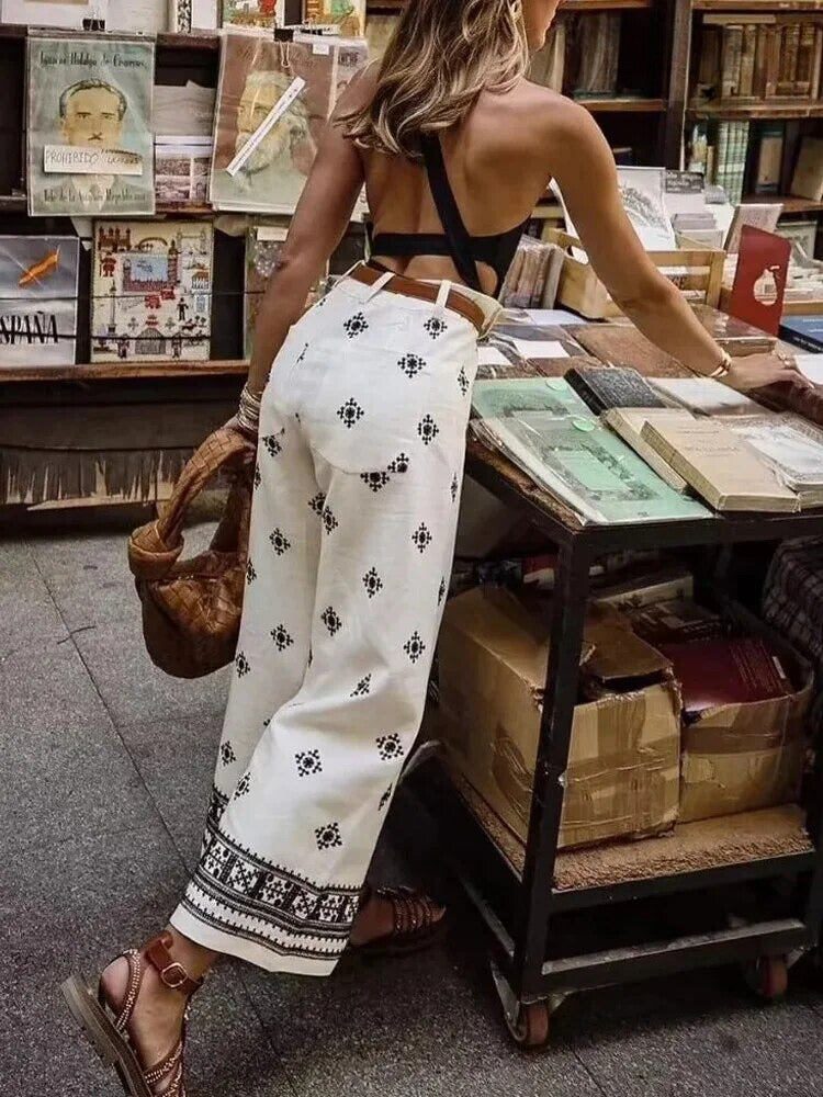 Högmidjade Broderade Byxor Dam i 100% Bomull med Breda Ben - Eleganta Ankelbyxor för Alla Tillfällen 2