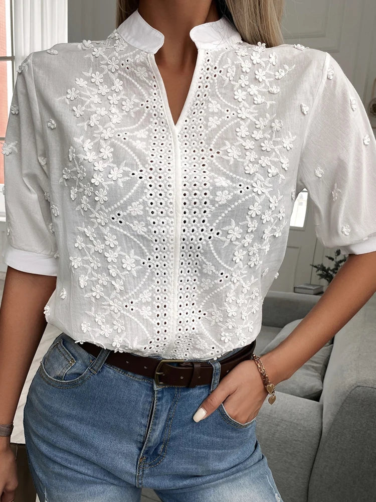 Dam Blus V-ringad Elegant Design Högkvalitativt Tyg-6