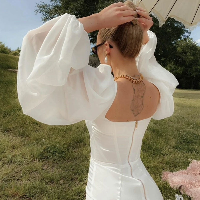 Damklänning Mini Puffärmar Satin Fina Dam Klänningar-3