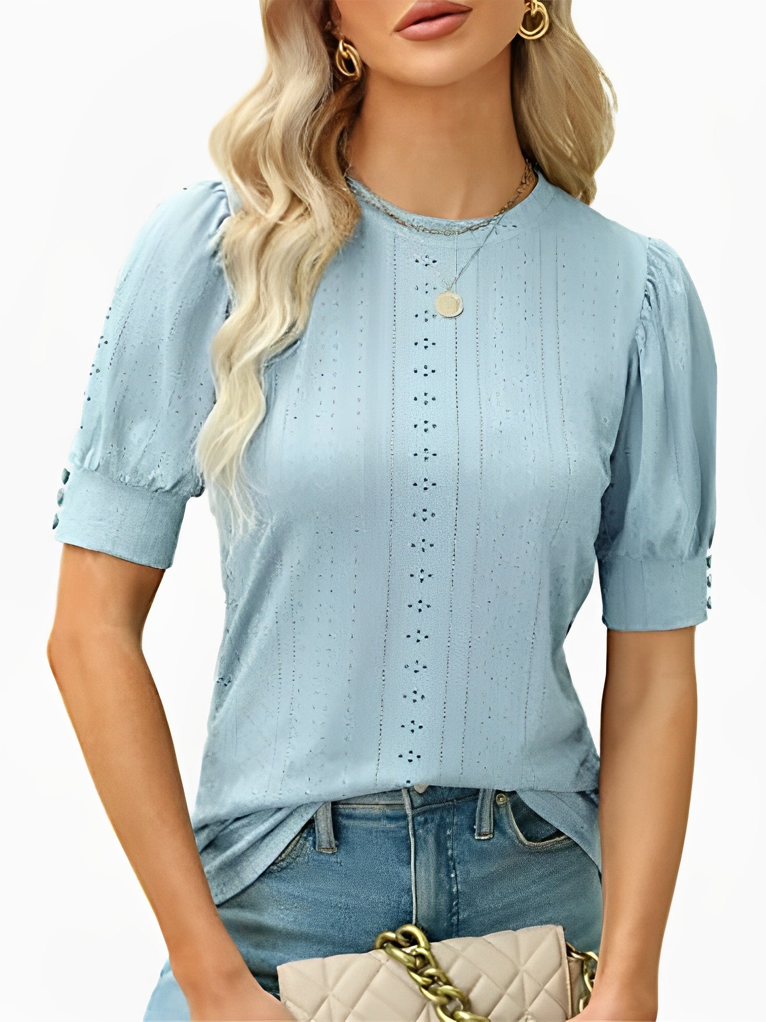 Dam Blus Puffärmar O-hals Polyester - Vit, Svart, Grön, Chic Stil för Kontor och Fritid-3