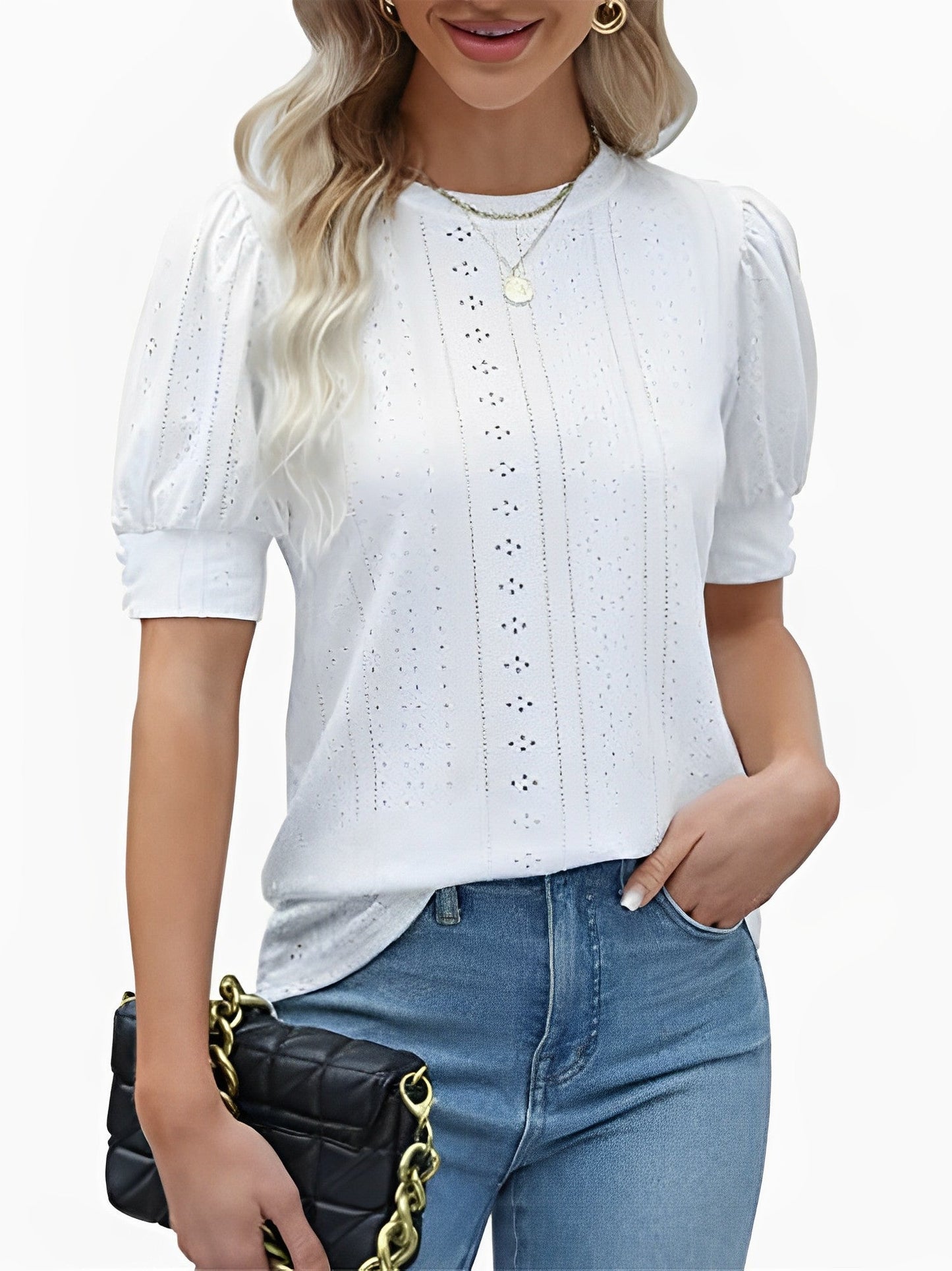 Dam Blus Puffärmar O-hals Polyester - Vit, Svart, Grön, Chic Stil för Kontor och Fritid-4