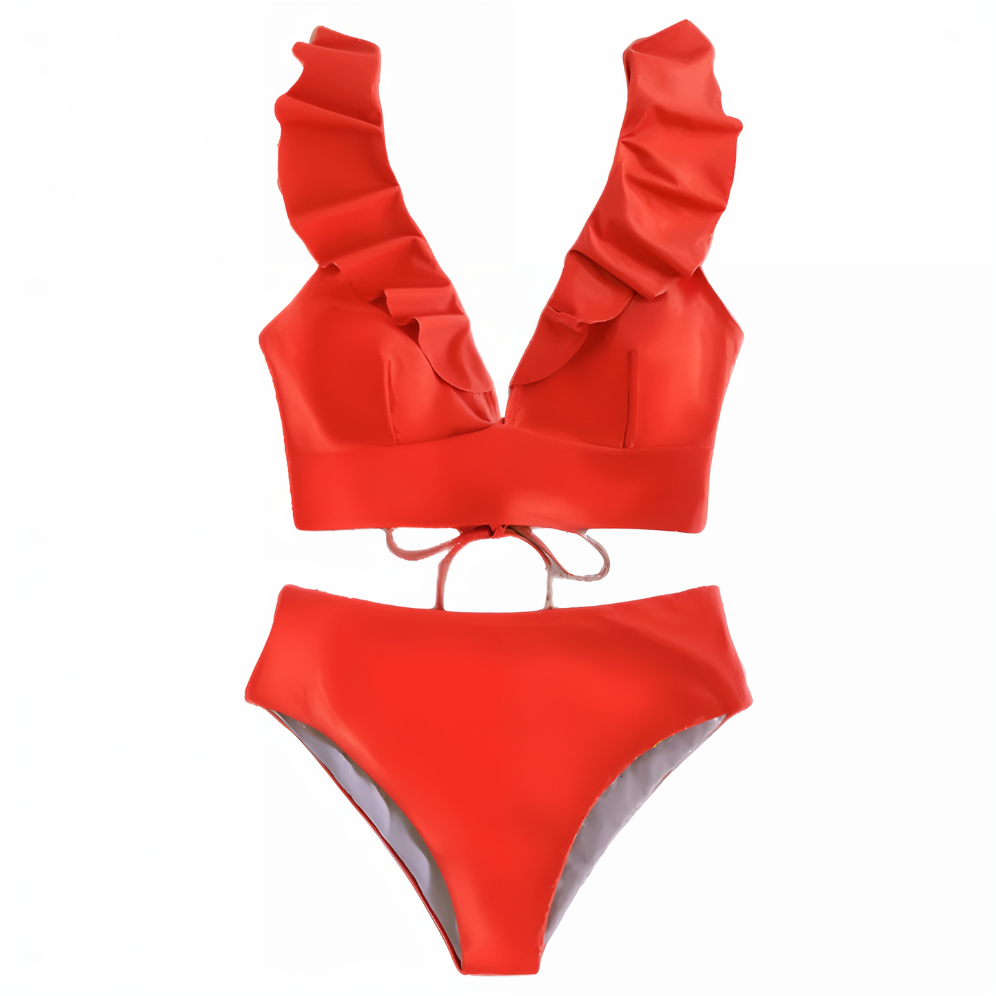 Bikini Set för Kvinnor med Hög Midja och Ruffles – Elegant V-Hals, Ryggfri Design, Mjuk Polyester 3