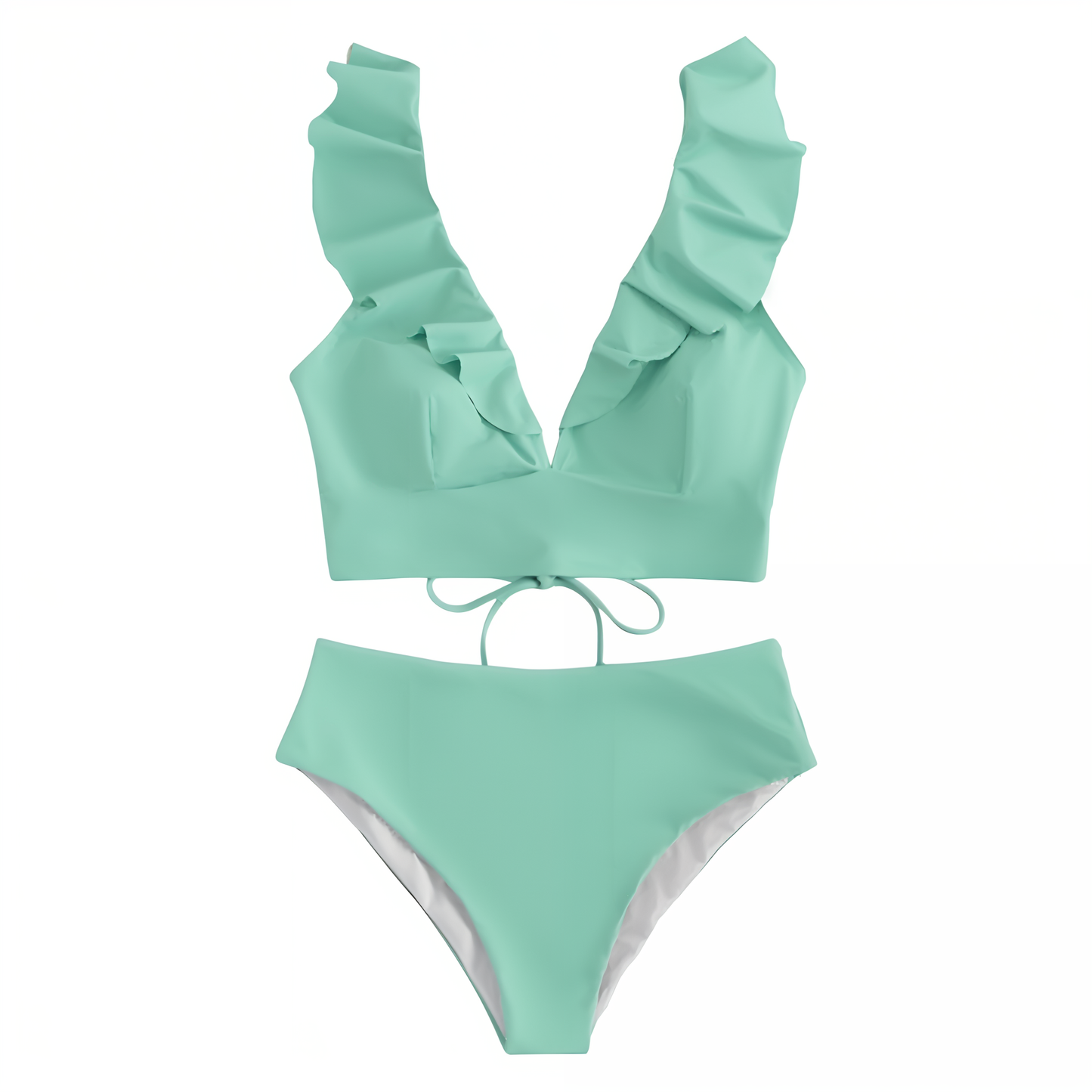 Bikini Set för Kvinnor med Hög Midja och Ruffles – Elegant V-Hals, Ryggfri Design, Mjuk Polyester 1