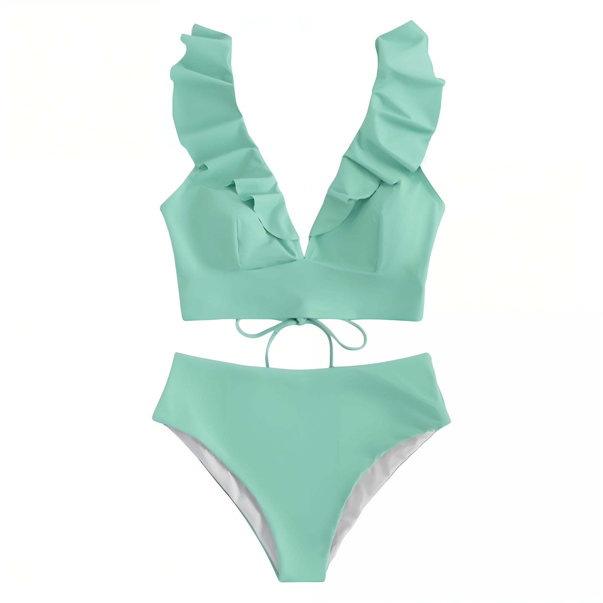 Bikini Set för Kvinnor med Hög Midja och Ruffles – Elegant V-Hals, Ryggfri Design, Mjuk Polyester 1