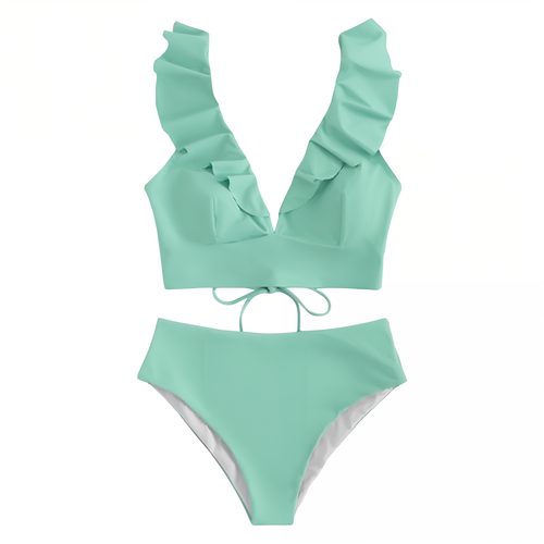 Bikini Set för Kvinnor med Hög Midja och Ruffles – Elegant V-Hals, Ryggfri Design, Mjuk Polyester 1