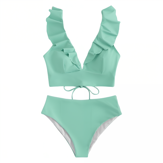 Bikini Set för Kvinnor med Hög Midja och Ruffles â Elegant V-Hals, Ryggfri Design, Mjuk Polyester 1