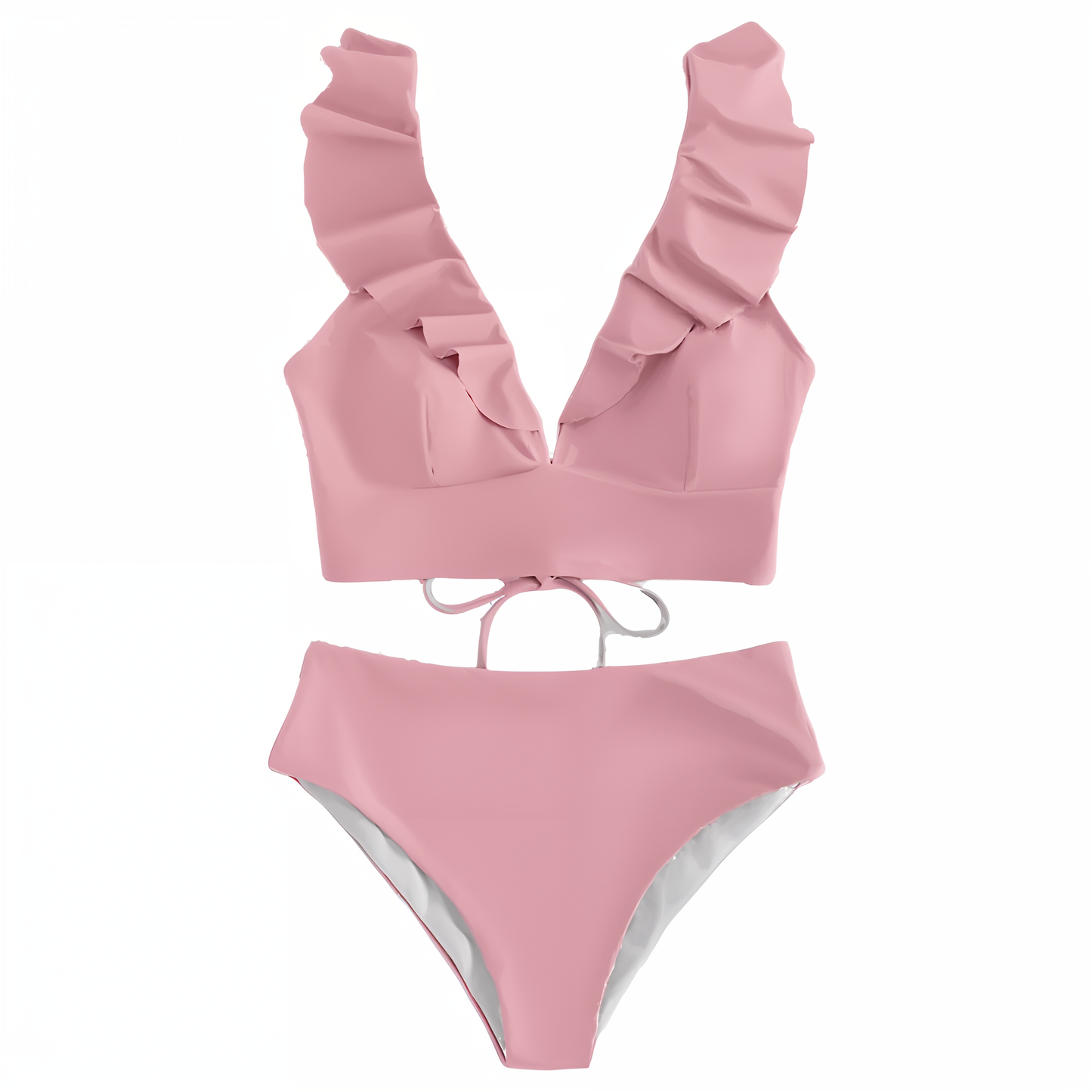 Bikini Set för Kvinnor med Hög Midja och Ruffles – Elegant V-Hals, Ryggfri Design, Mjuk Polyester 4