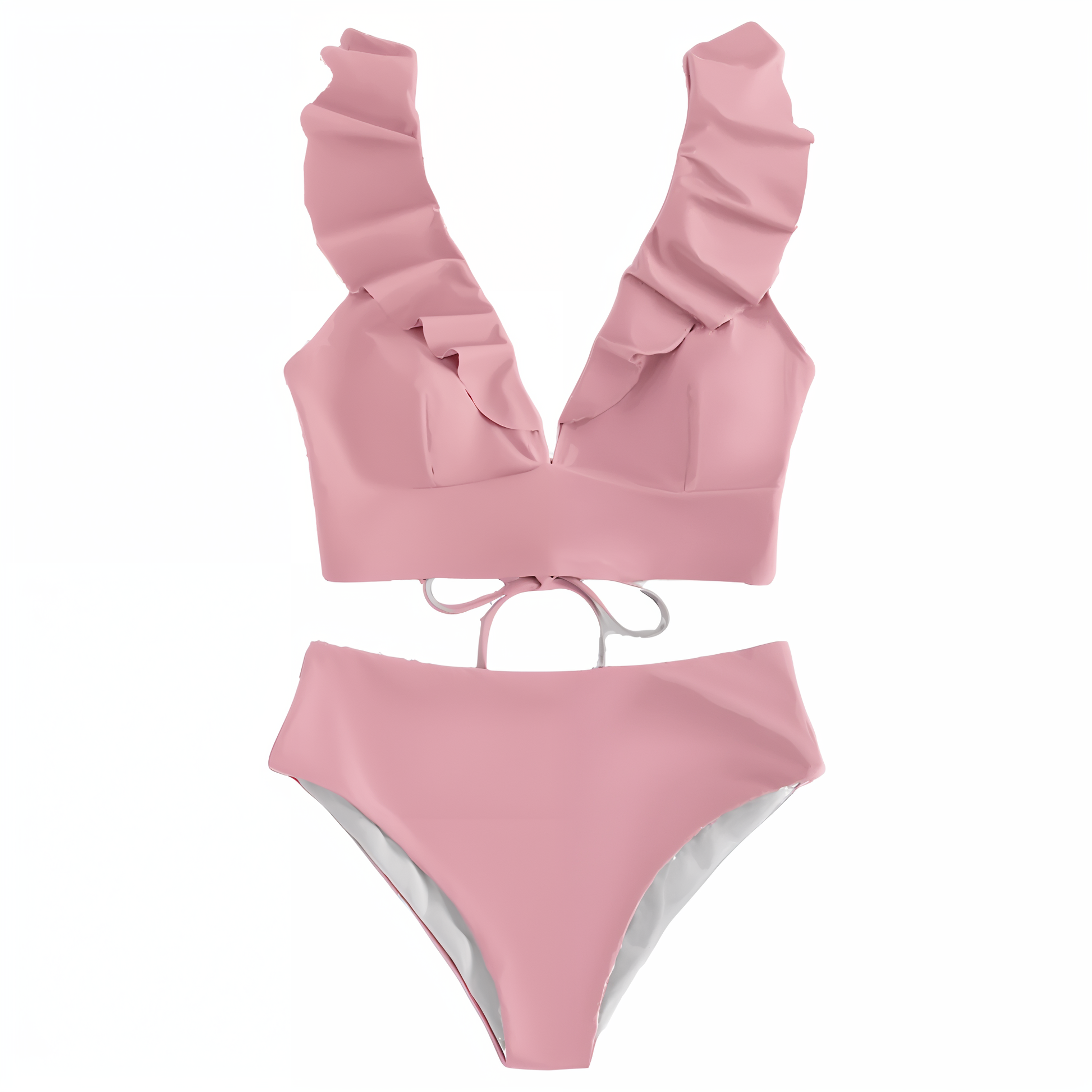 Bikini Set för Kvinnor med Hög Midja och Ruffles – Elegant V-Hals, Ryggfri Design, Mjuk Polyester 4