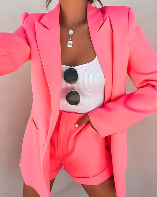 Dam Blazer och Shorts Set Monokrom Polyester för Sommarbruk-1