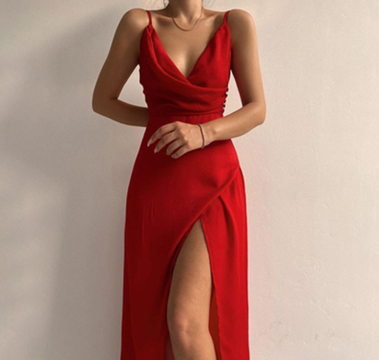 Kvinna Etuisk Klänning Spaghettiband V-ringning Polyester-3