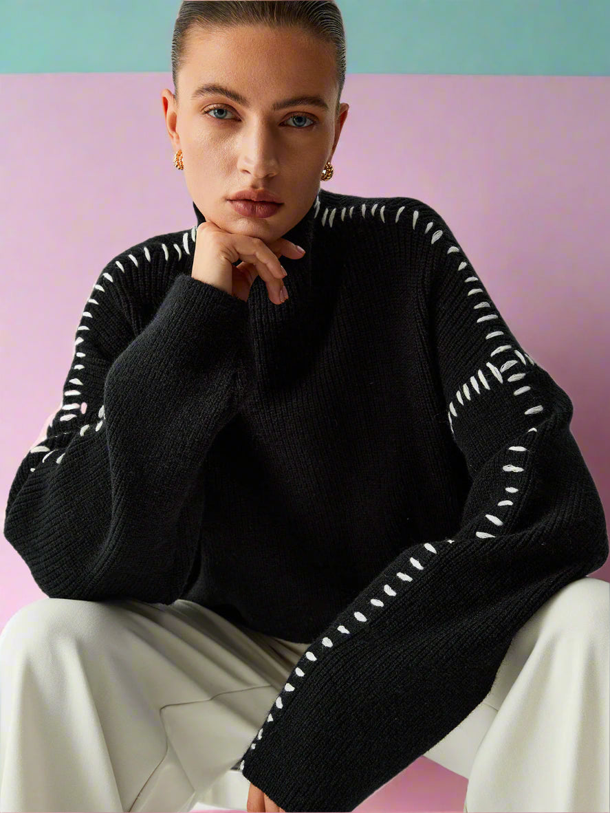 Dam Stickad Överdimensionerad Tröja i Grovstickning Akryl-6