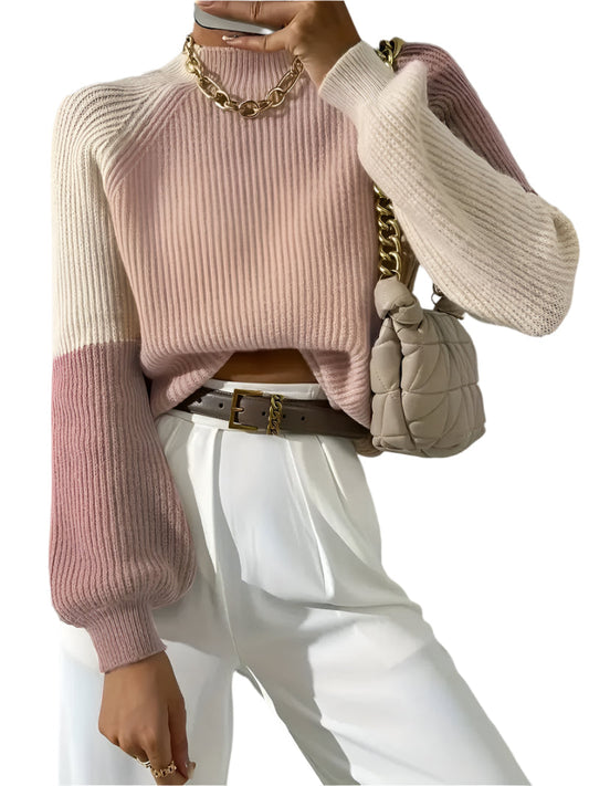 Stickad Dam Turtleneck Tröja med FĂ€rgblock och Randiga Ărmar, Mjuk Akryl-1