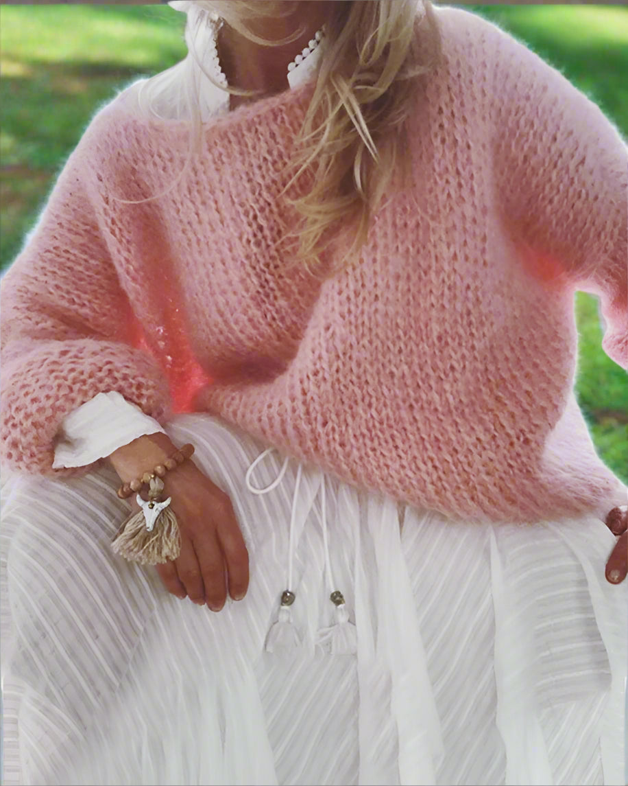 Dam Stickad Tröja Ull Långärmad Rosa-4