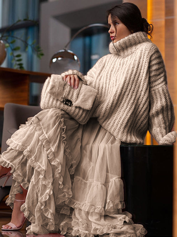 Kvinnors Sticktröja Överdimensionerad Rullkrage Polyester Ballongärmar 3