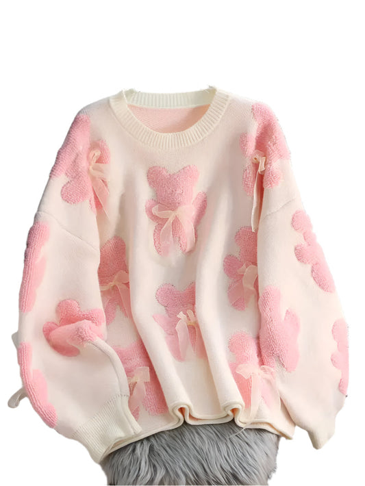 Stickad Dam Tröja med Björnmönster Mjuk Akryl-1