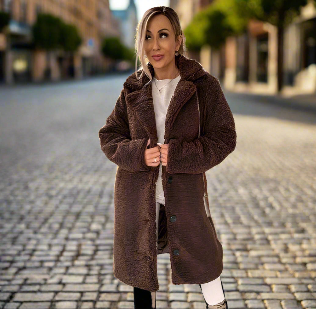 Dam Lång Vinterjacka Fluffig Revers Mjuk Tyg-4