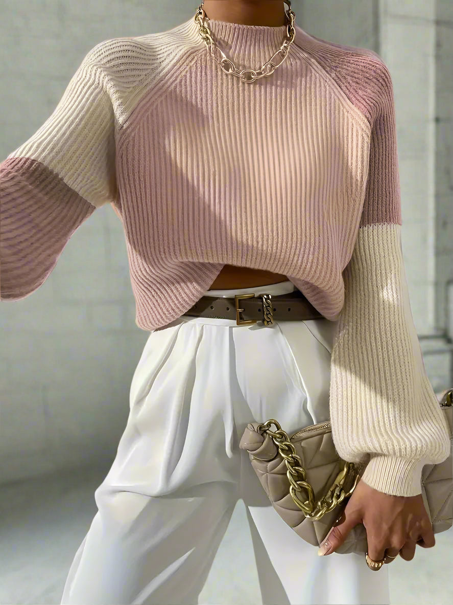 Stickad Dam Turtleneck Tröja med Färgblock och Randiga Ärmar, Mjuk Akryl-2