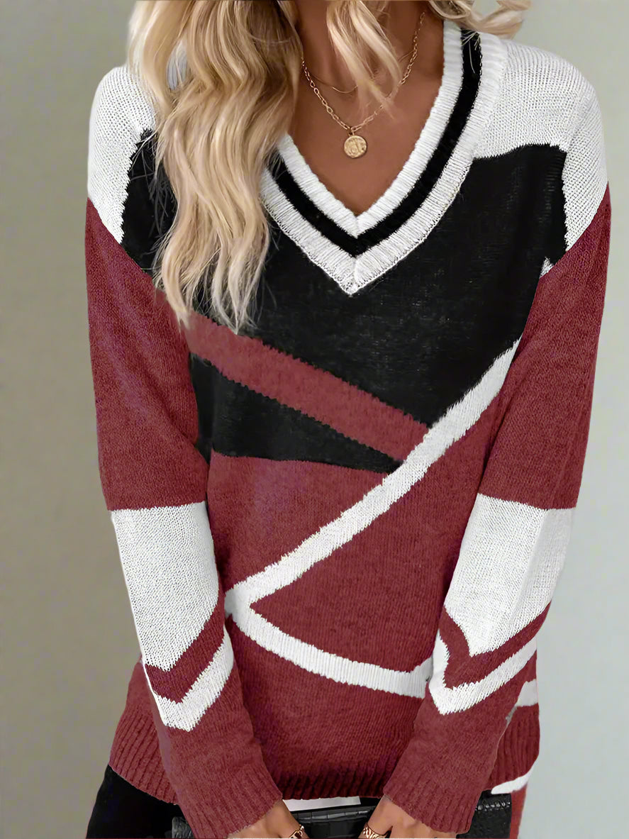 Dam Ulltröja Geometrisk V-ringning Lång Ärme-2