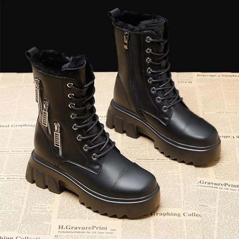 Dam Schnürboots Eco-Läder Plyschfoder Blockhæl-3