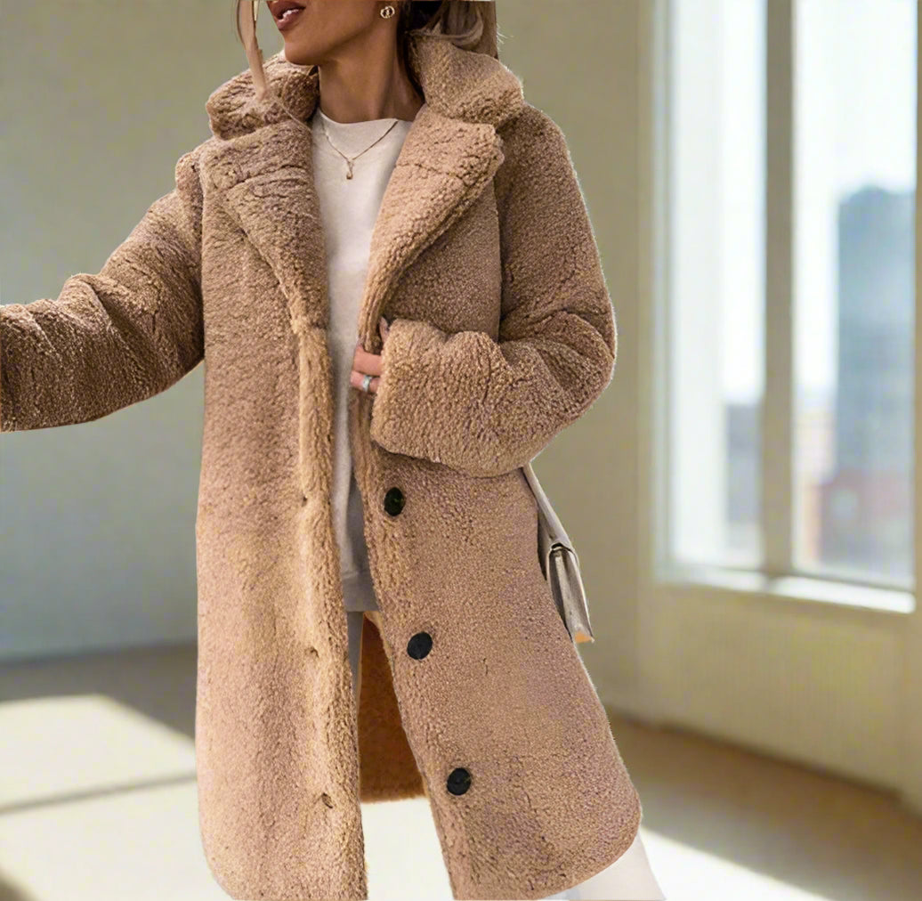 Dam Lång Vinterjacka Fluffig Revers Mjuk Tyg-2