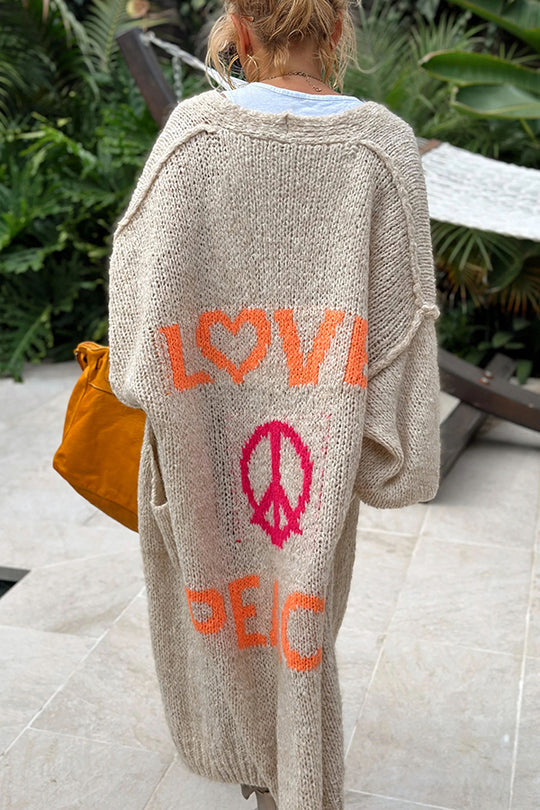 Lång Kofta Dam Överdimensionerad Mjuk Tyg med Love & Peace Mönster-4