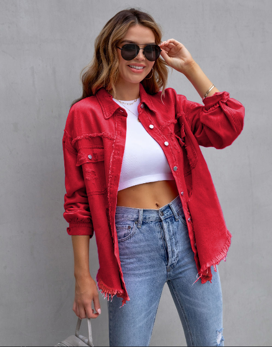 Överdimensionerad Denimjacka Damer Rippade Detaljer Högkvalitativ Denim 15