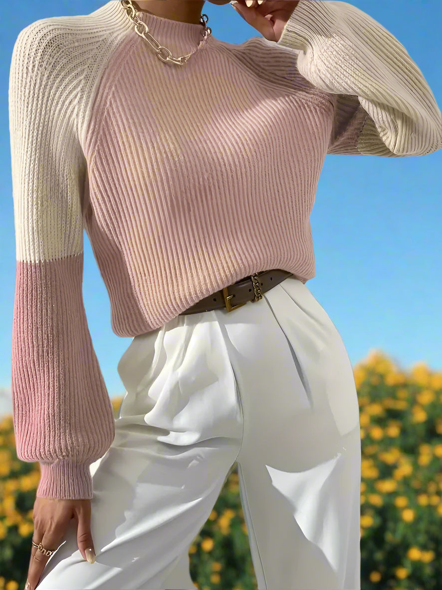 Stickad Dam Turtleneck Tröja med Färgblock och Randiga Ärmar, Mjuk Akryl-4