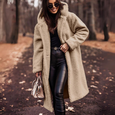 Dam Vinterkappa Lång Fleece Med Huva Avslappnad Stil-1