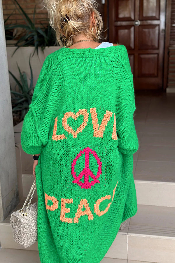 Lång Kofta Dam Överdimensionerad Mjuk Tyg med Love & Peace Mönster-3