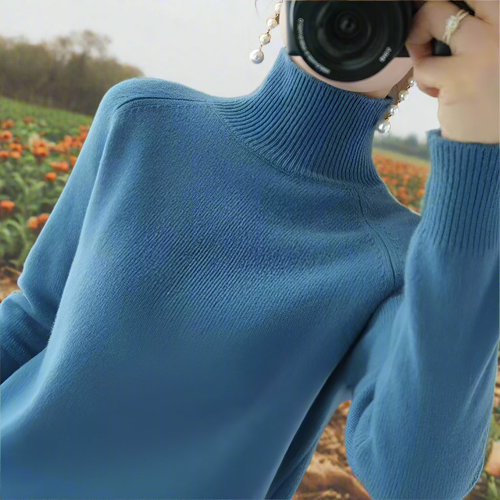 Stickad Dam Tröja Turtleneck Ullblandning Smickrande Passform-5