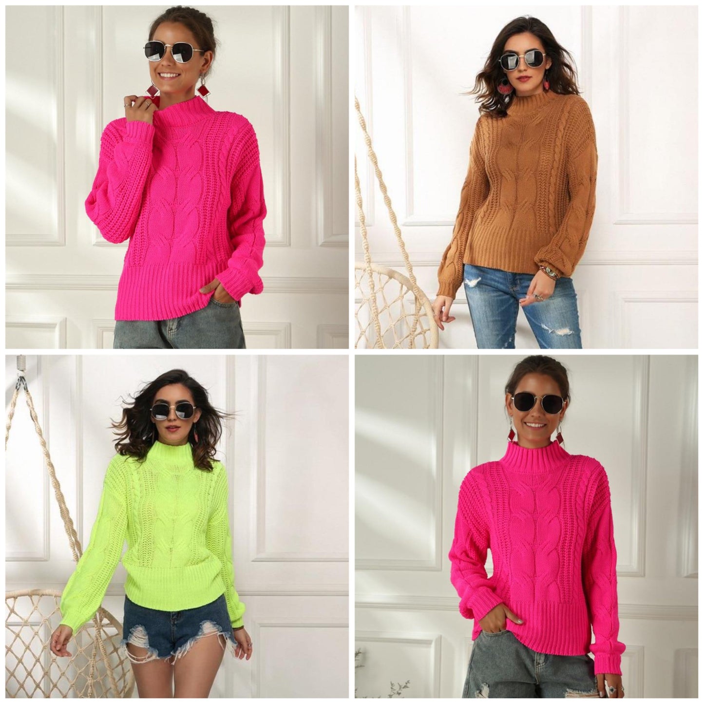 Stickad Dam Tröja Avslappnad Med Stativkrage och Breda Ärmar-3