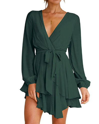 Dam Klänning V-hals A-linje Elastan Långa Ärmar 11