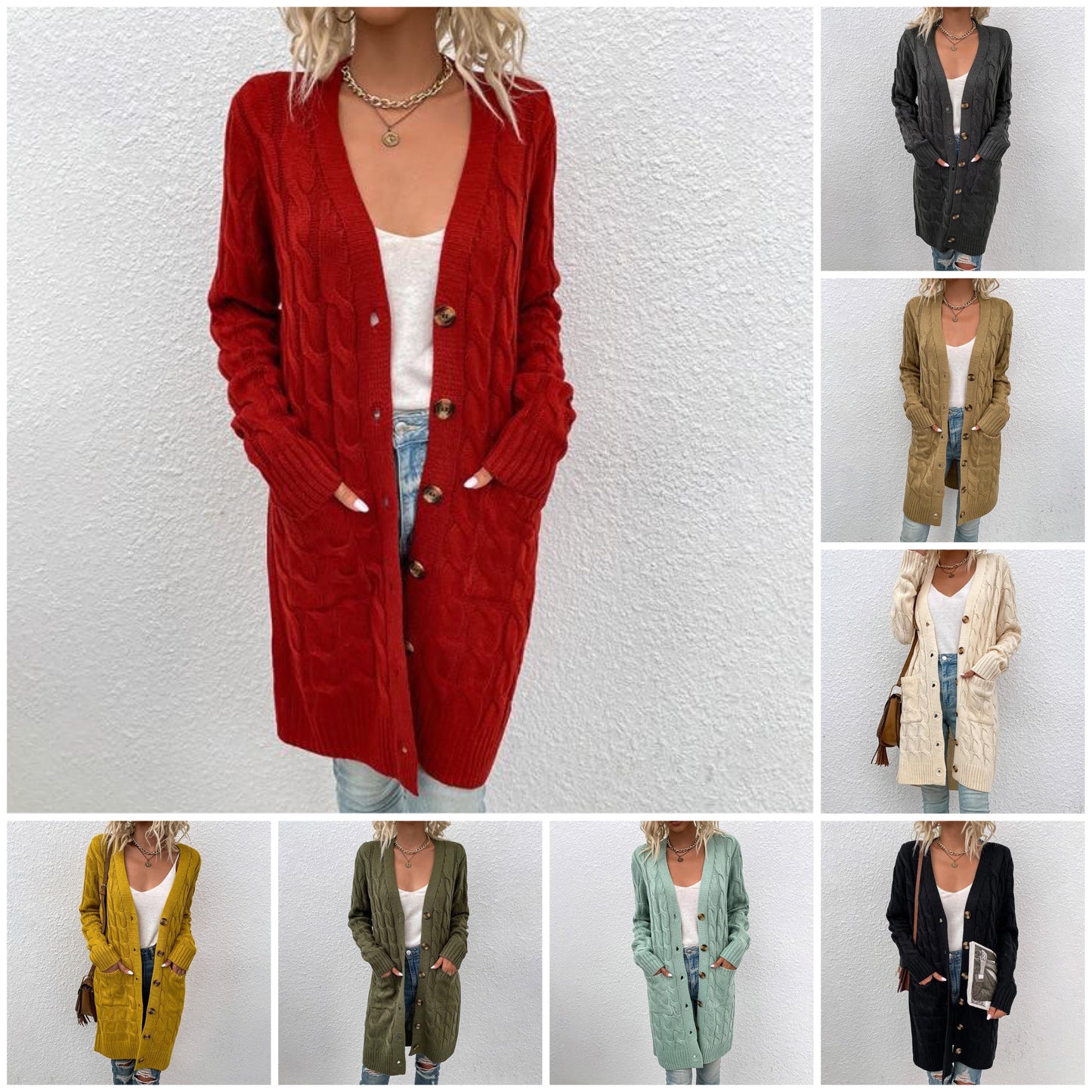 Dam Lång Stickad Väst med Fickor i Bomull och Polyester-2