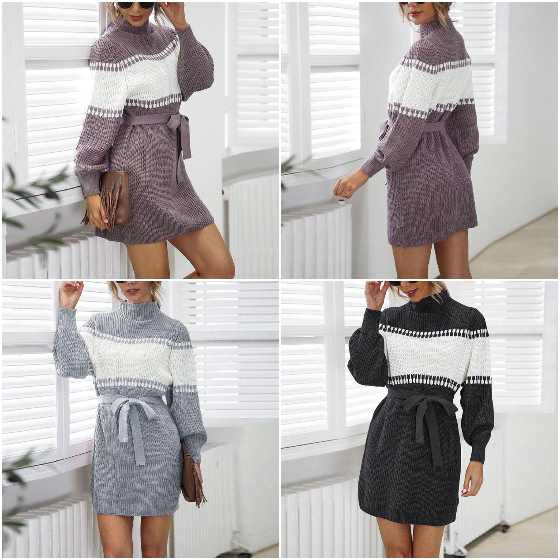 Kvinna Långärmad Klänning Figurbetonad Bomull Polyester-5