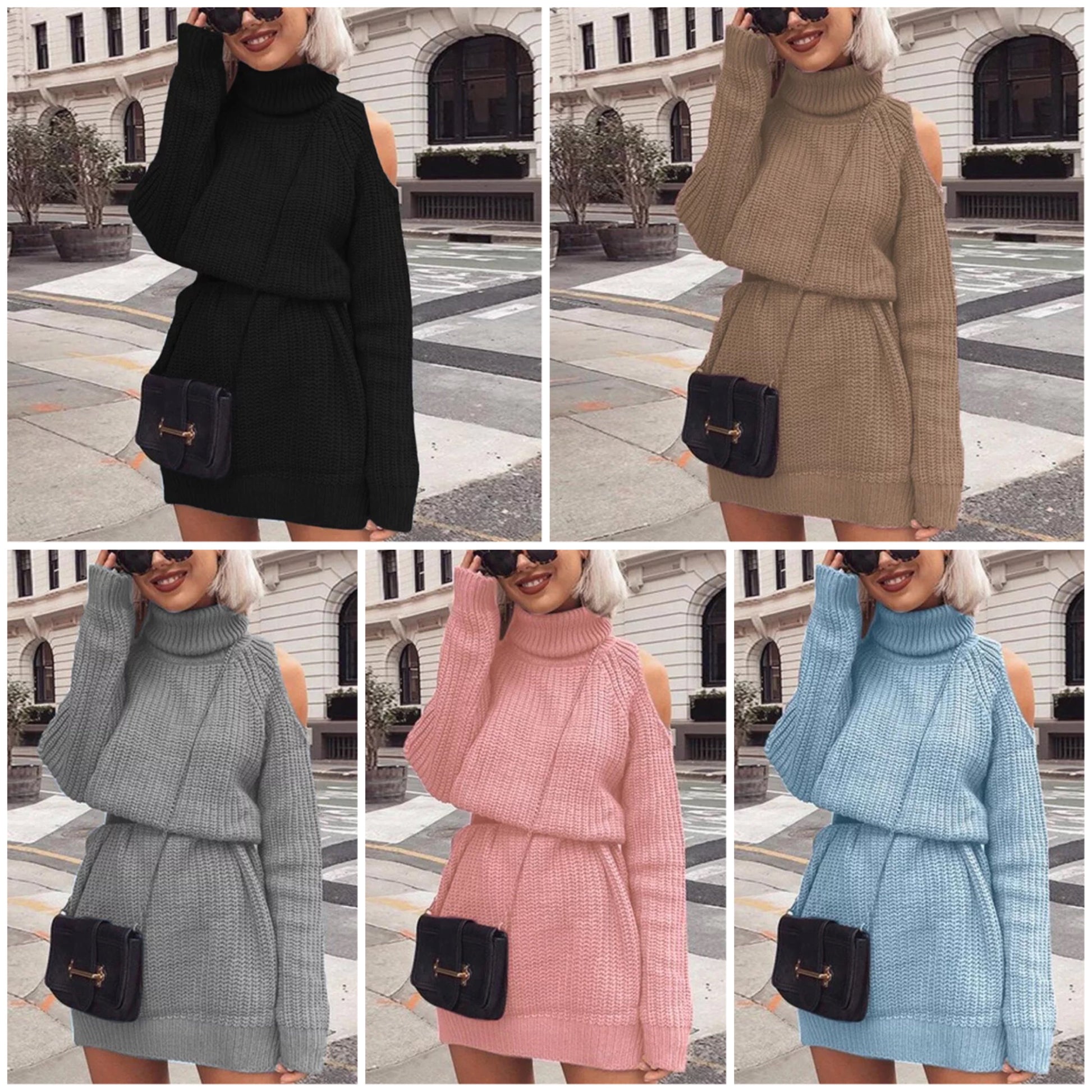 Kvinna Kort Klänning Utskuren Turtleneck Ribbstickad Bomull-2