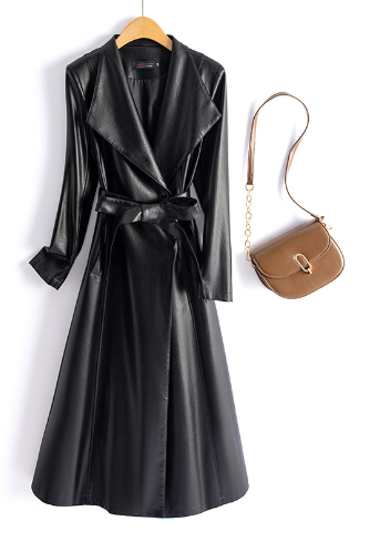 Dam Öppen Kappa Veganskt Läder med Bälte Long Sleeve-1