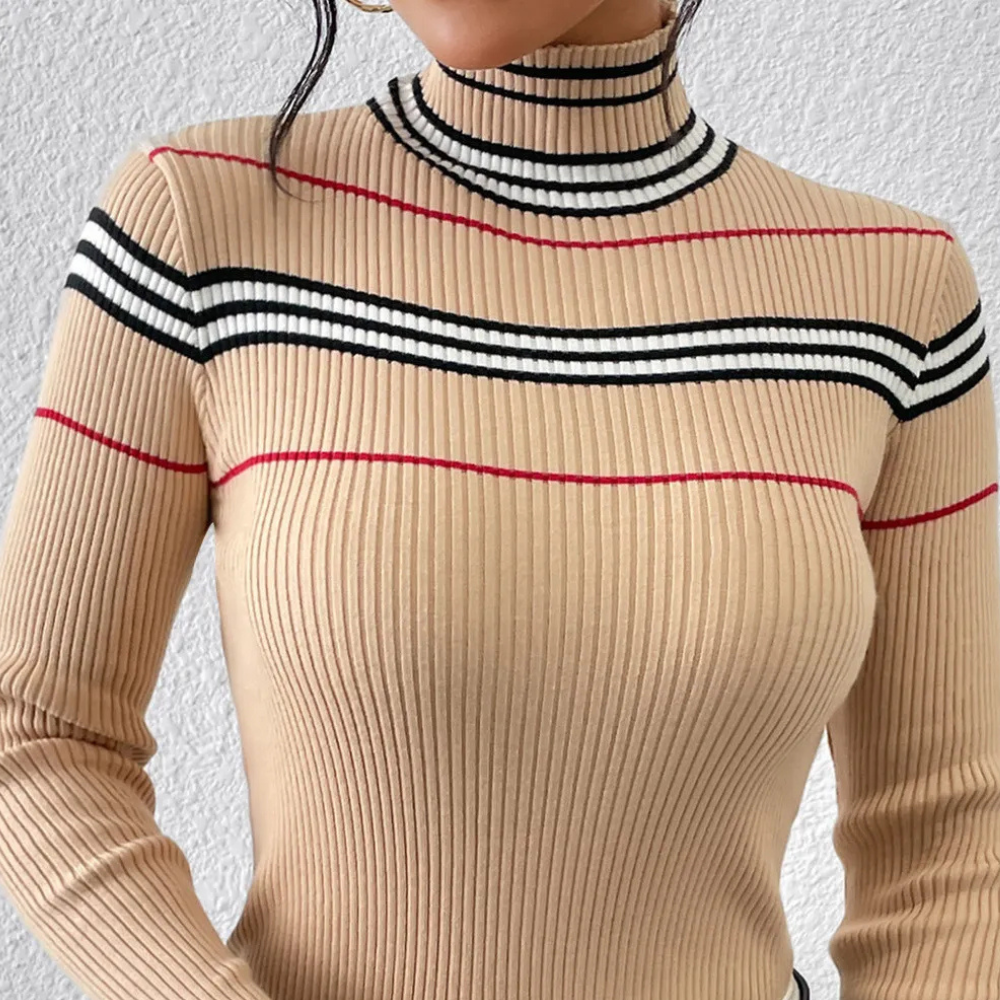 Dam Stickad Turtleneck Tröja Randig Stretchigt Material-5