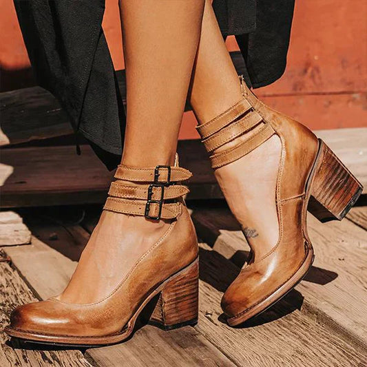 Dam Sandaler Ăppna Höga Klackar LĂ€der Vintage Stil-1