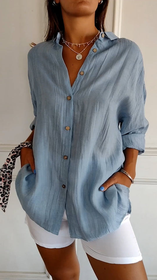 Dam Blus Strukturerad Veckad Bomull Relaxed Fit-1