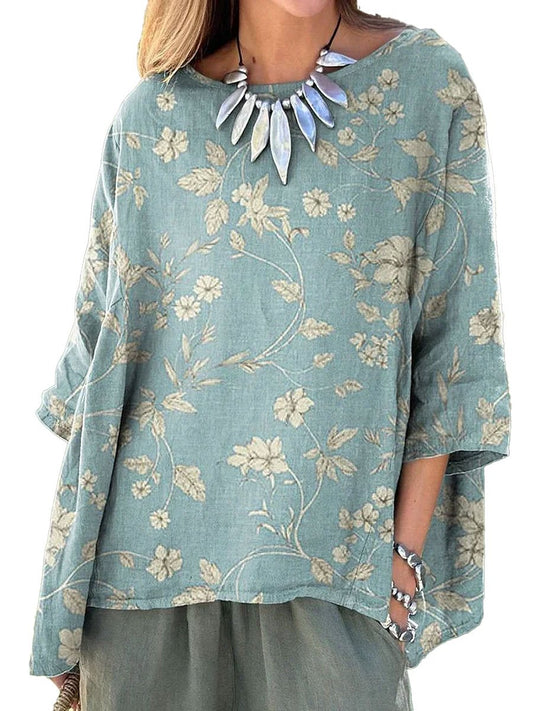 Dam Blus Rundhals Botaniskt Blommönster Bomull-1