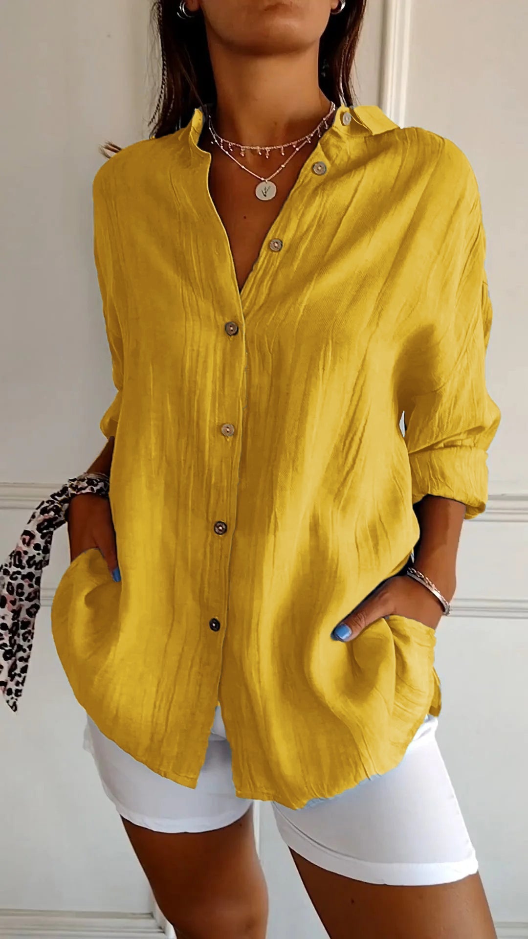 Dam Blus Strukturerad Veckad Bomull Relaxed Fit-5