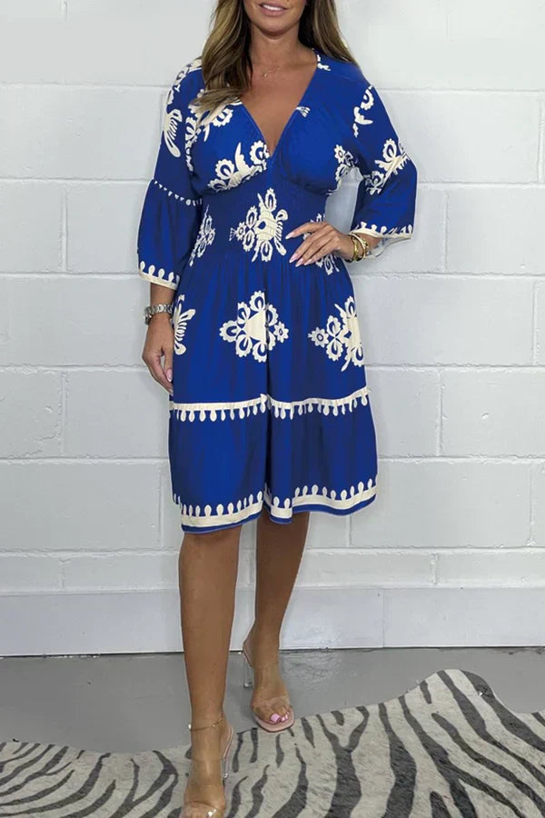 Fina Dam Klänningar V-halslinje Tryckt Andningsbart Tyg-4