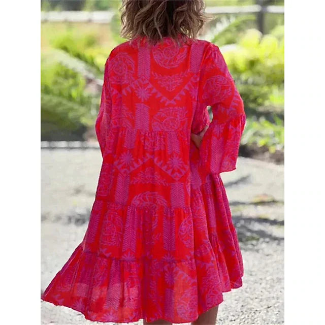 Eleganta Damklänningar Midi med Blommönster och V-ringning – 3/4 Ärmar i Polyester, Lätt och Bekväm 4