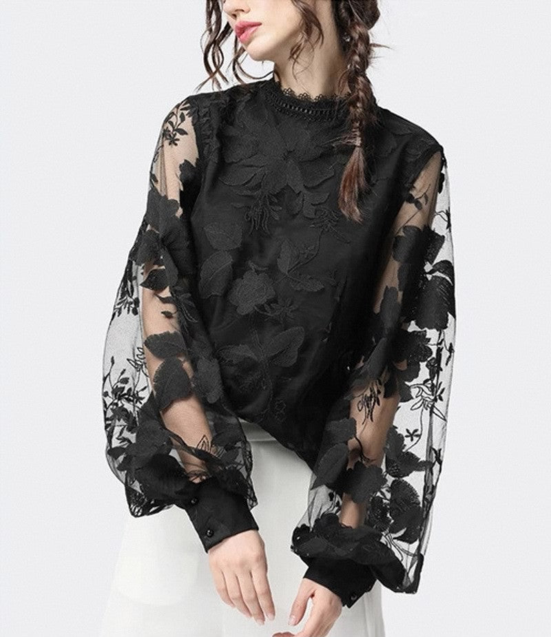 Dam Blus Monokrom Spets Detaljer Polyester och Bomull 4