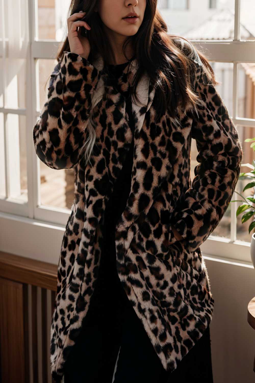 Dam Midi Kappa Långärmad Leopardmönster Polyester-2