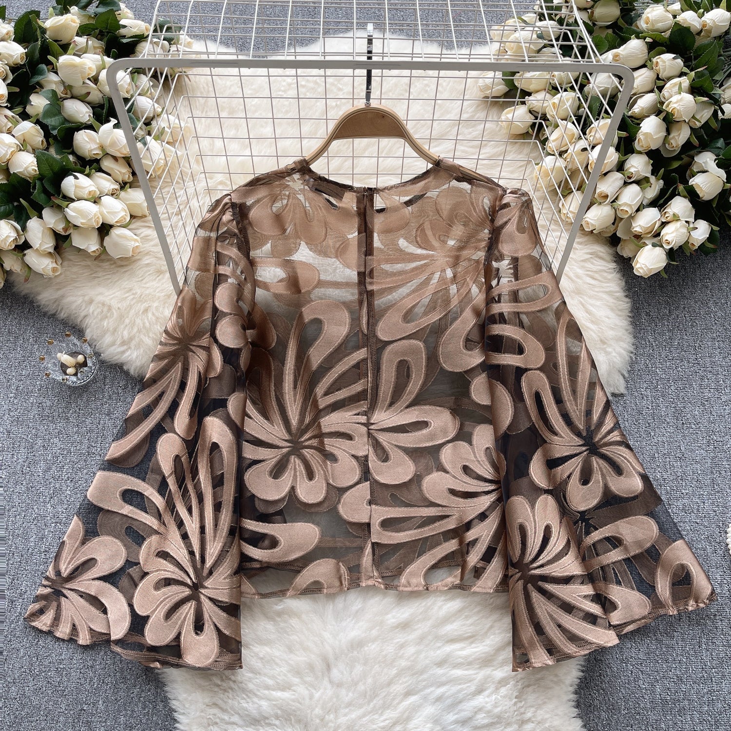 Kvinnors Avslappnad Blus Broderad Gasväv Polyester Bomullslinne-3